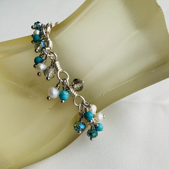 Cluster Bracelet with Turquoise, Pearls, and Crystals. Chain with Dangle Gem - Picture 10 of 16
